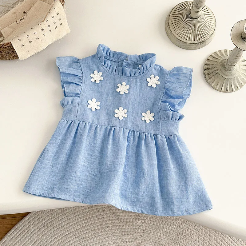 Cute Autumn Baby Dress Cotton Color Block Flying Sleeves Tops