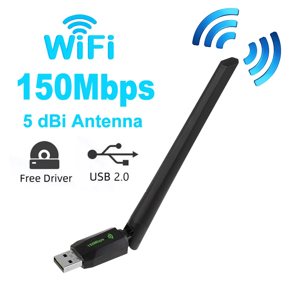 

150Mbps USB WiFi Adapter 2.4GHz Wireless Network Card 5dBi Antenna 802.11 b/g/n Wi-Fi Receiver Dongle for PC Laptop Drive Free