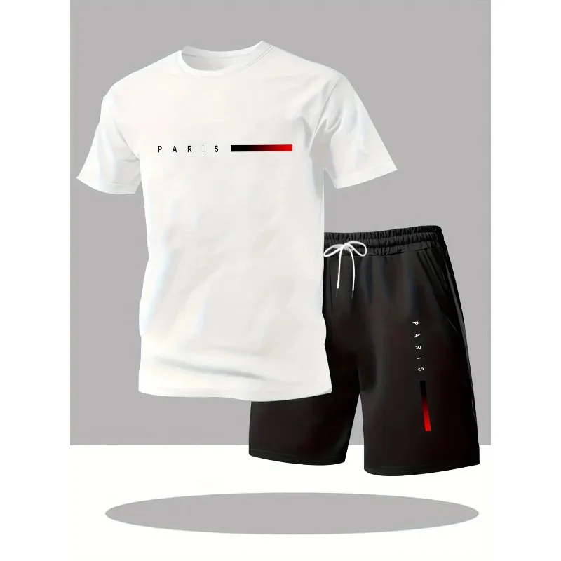 New summer fitness sportswear for men, short-sleeved T-shirt and shorts two-piece set, breathable and quick-drying casual wear.