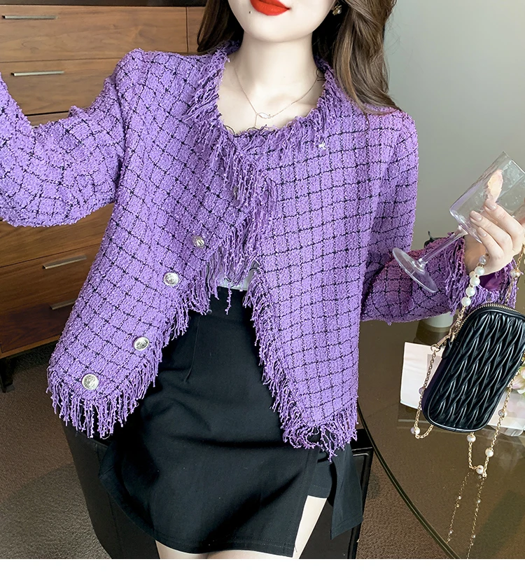 

French retro Fringed Tassels Plaid Tweed Jacket Coat