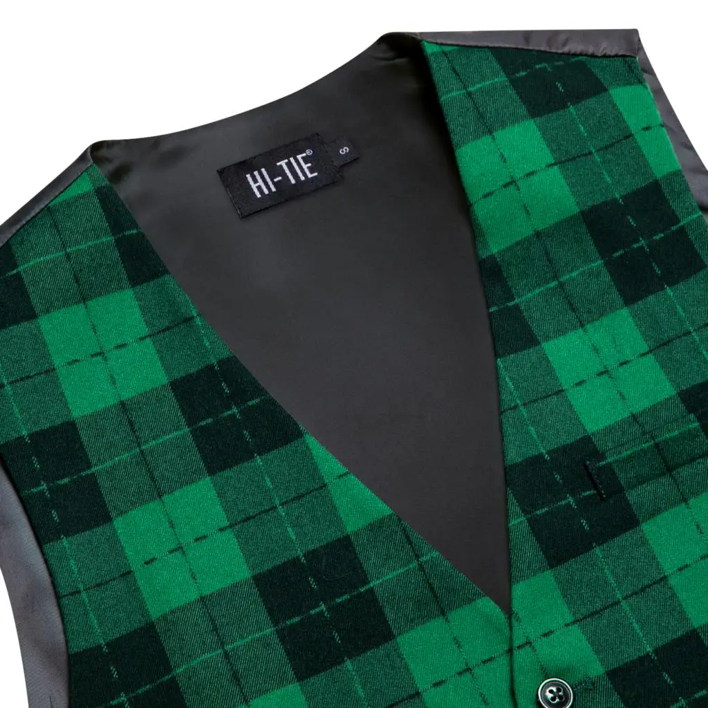 Hi-Tie Green Multi Viscose Mens Vest Jacquard Check Waistcoat Sleeveless Jacket for Male Designer Wedding Business High Quality