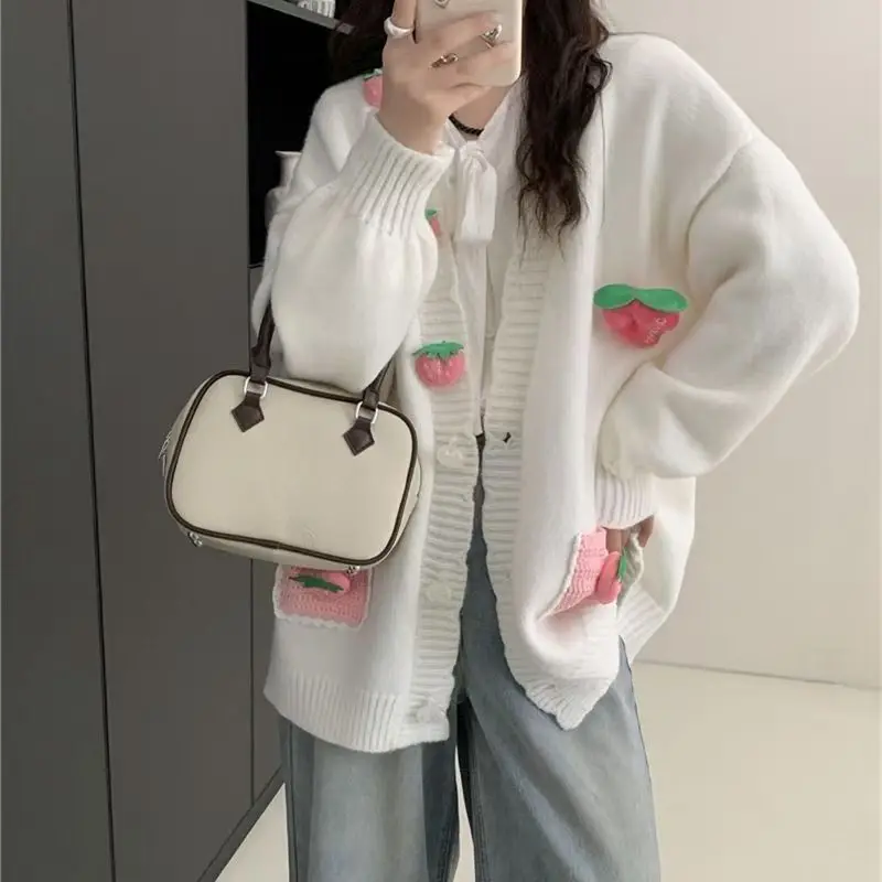 3D Pink Strawberry Cute Sweet V Neck Long Sleeve Knitted Cardigan Sweater Women Korean Casual Jacket Female Coats Autumn Winter 3