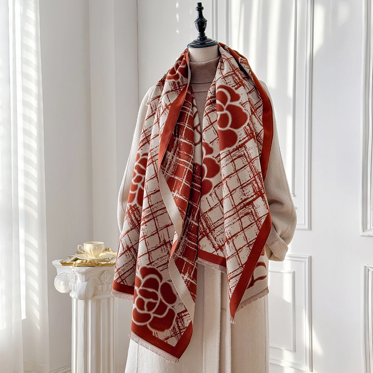 Brand Fashion Women's Winter Cashmere Wrap - Vintage Oil Painting Floral Printed Tasseled Pashmina Thick Shawl, Scarf & Echarpe