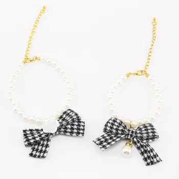 Pearl Necklace For Cats Puppy Adjustable Sash Houndstooth style Christmas Gifts Chic Pets Supplies Accessories Dogs Bows Collar 2