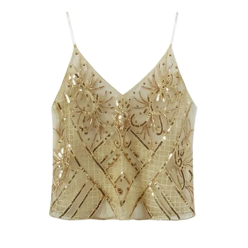 Trendy Sequins Beads Flower Pattern Vests Women's Sleeveless Open Back V Neck Camisoles See-Through Chic Summer Camis