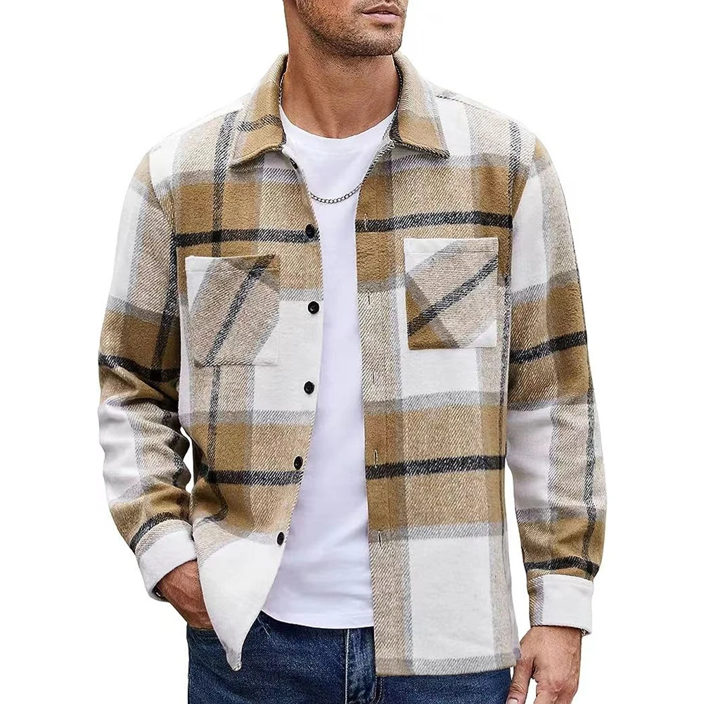 

Casual Man Big Plaid Thickened Shirts For Men Long Sleeve Lapel Pocket Single Breasted Coat Tops Shirt Male Clothing