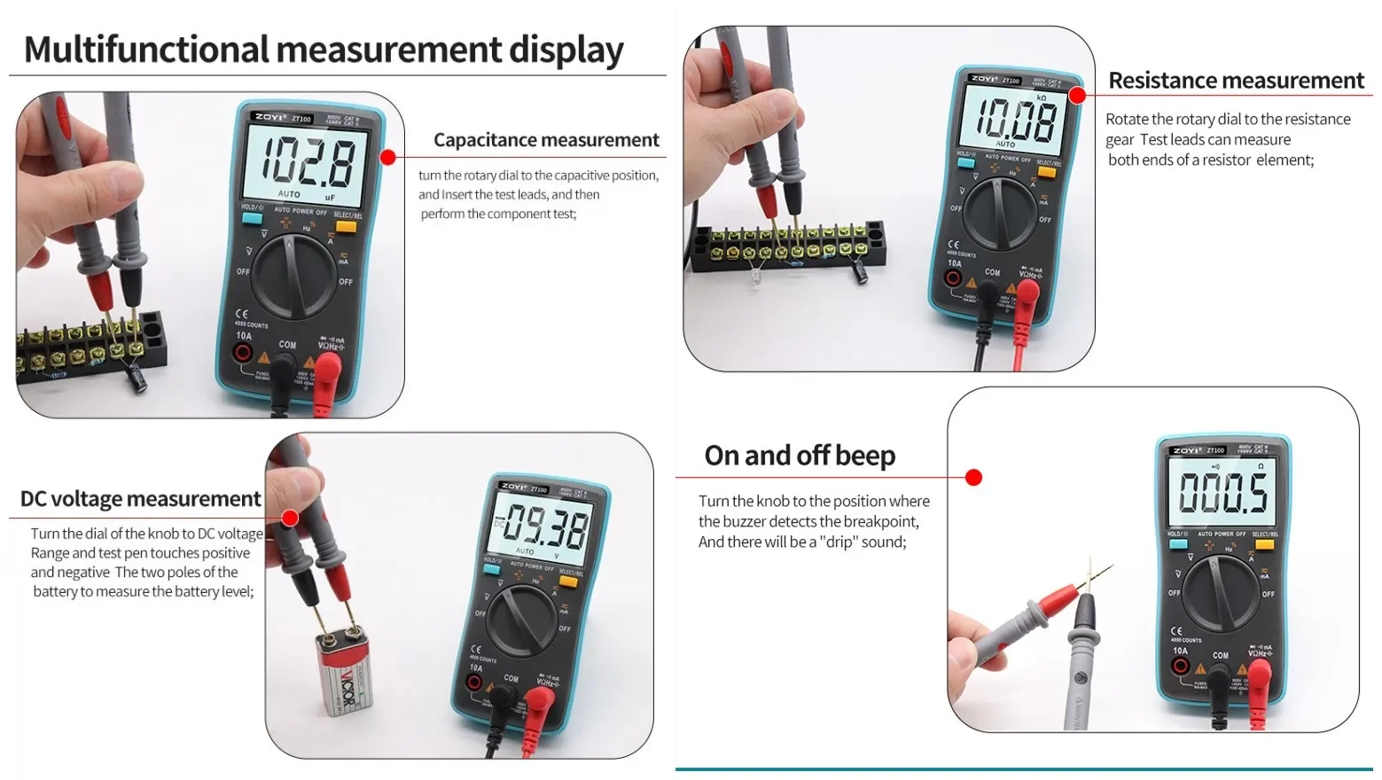 ZOYI Multimeter Digital Multi Tester Back Light AC/DC Voltmeter Diode ZT100 dmm transistor tester