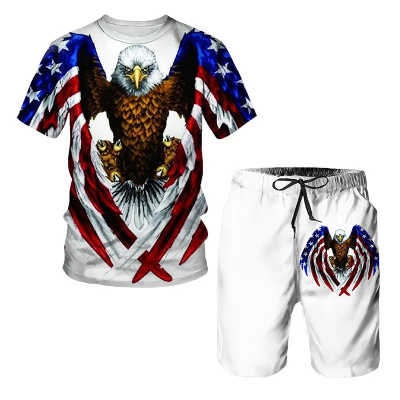 thumbnail image 1 of Nuevo conjunto de verano de manga corta con estampado 3D de águila del Día de la Independencia con relámpagos y arcoíris, conjunto de pantalones de playa de manga corta, 1 of 5