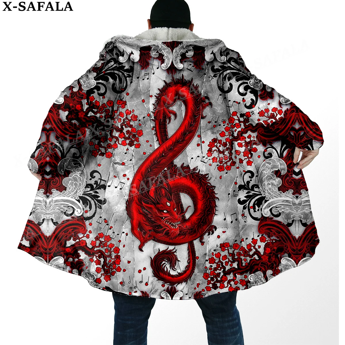 

Viking Dragon Treble Clef Music Print Thick Warm Hooded Cloak Men Overcoat Coat Windproof Fleece Cape Robe Hooded Blanket-1