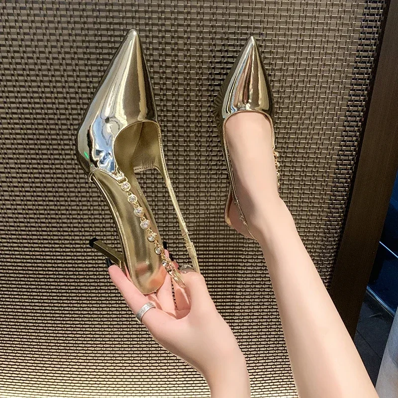 Shiny High Heels Silver Metallic Pumps Side View