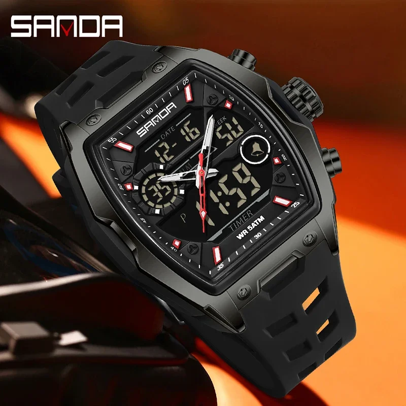 SANDA Men Dual Display Electronic Watch Big Dial Sports LED Analog Digital Chronograph Military Man Wristwatch relogio masculino - 2