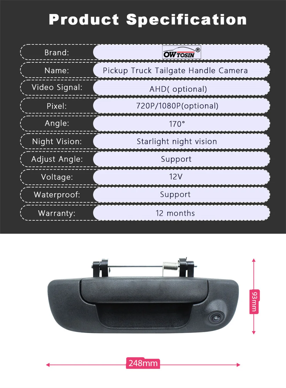 For Dodge Ram 1500 2500 3500 2002 2003 2004 2005-2008  Pickup Truck Handle Vehicle Camera AHD 1080P Fisheye Reverse Car Camera