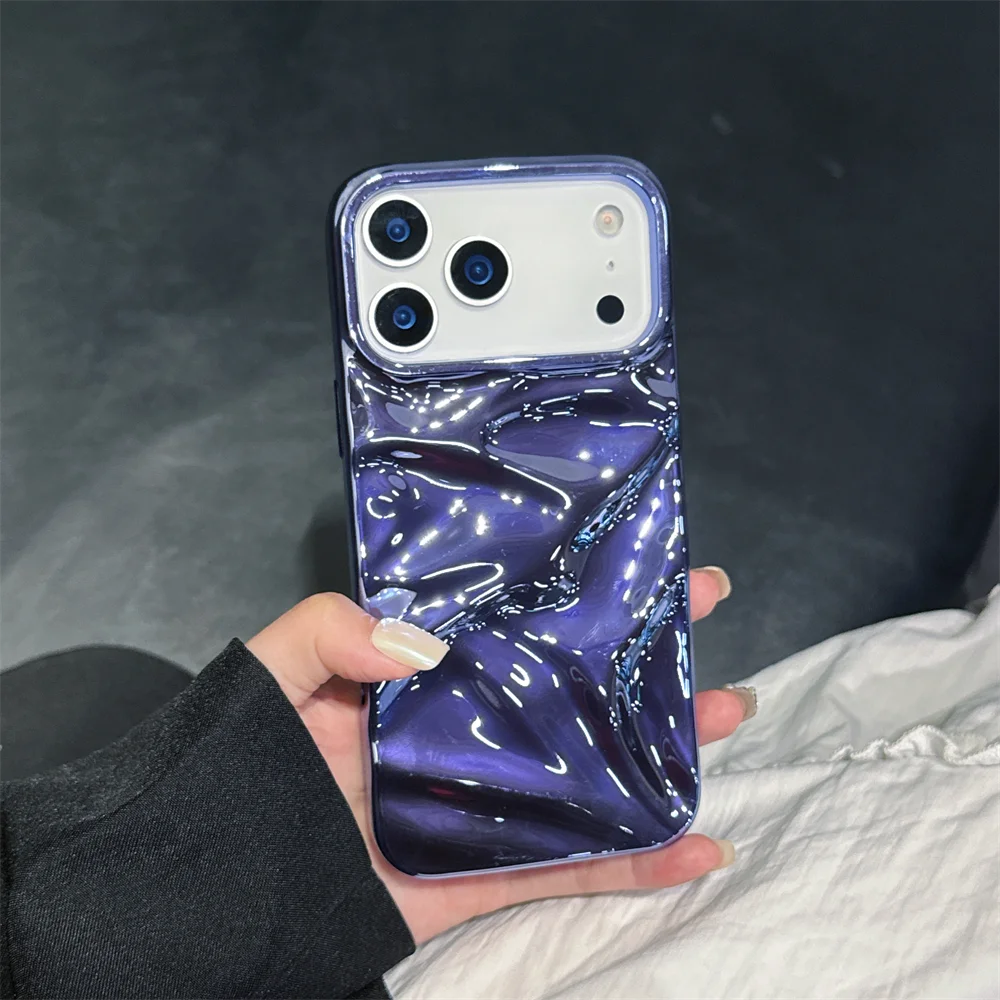 Luxury Electroplate Silvery 3D Wrinkle Phone Case For iPhone 17 16 15 14 13 12 Pro Max Plating Water Ripple Shockproof Cover