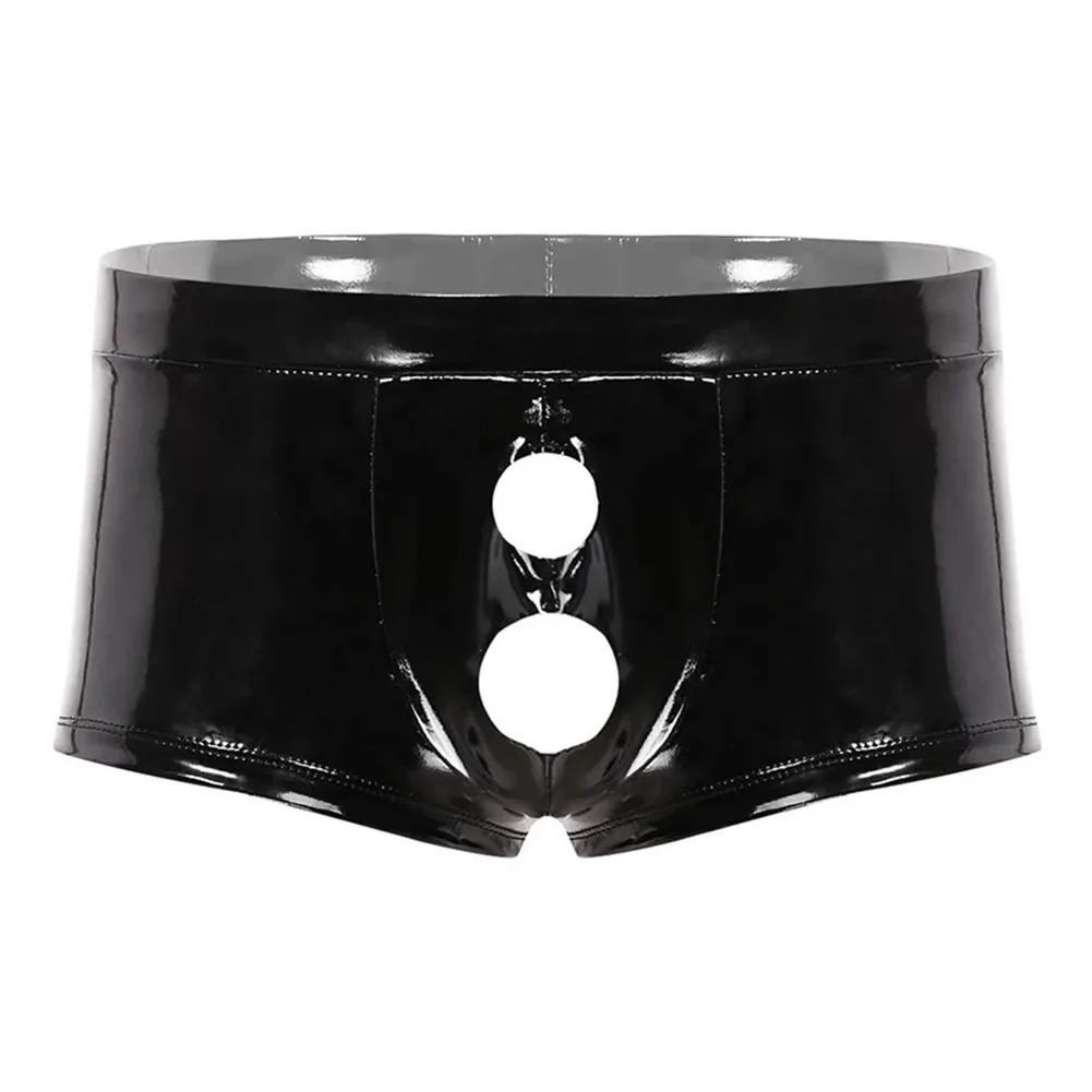 

Sexy Men Faux Leather Boxers Wet Look Low Rise Underwear Front Open Hole Brief Solid Elasticity Shorts Underpants Erotic Panties