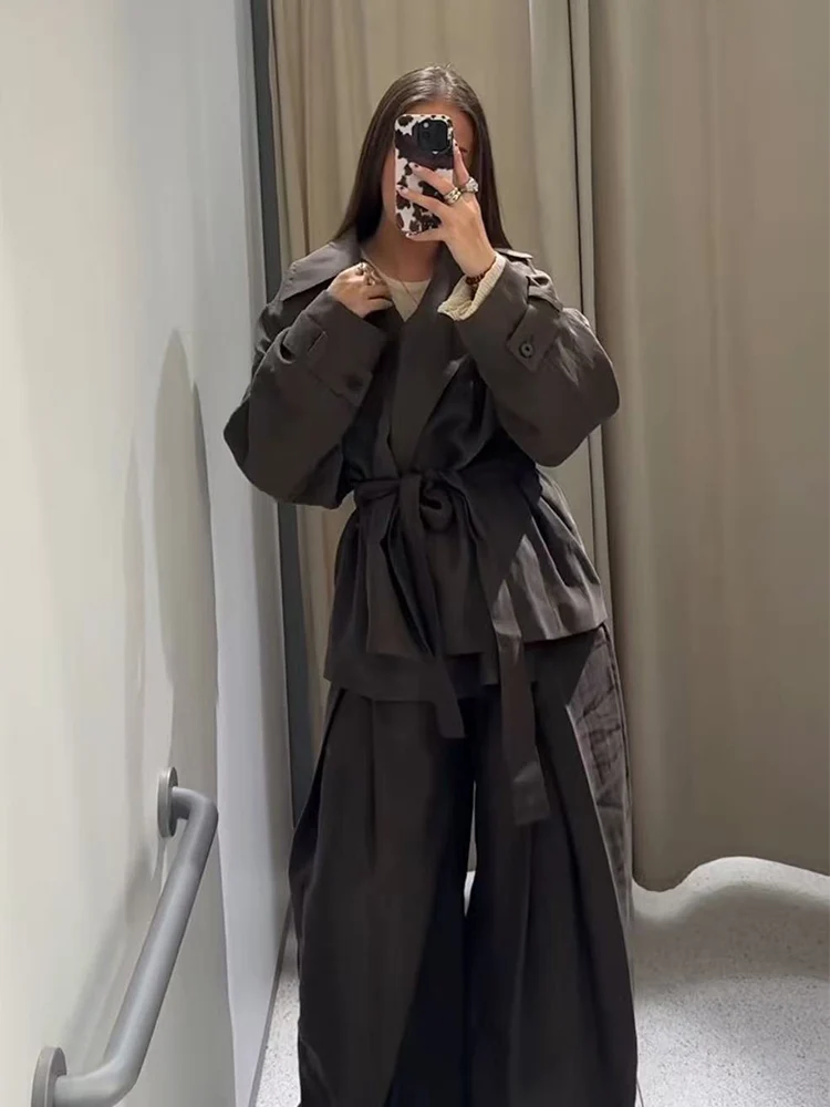 TFMLN Autumn New Women's Lapel Trench Chic Single-breasted Solid Color Belt Casual Loose Jacket Fashion Ladies Street Outwear