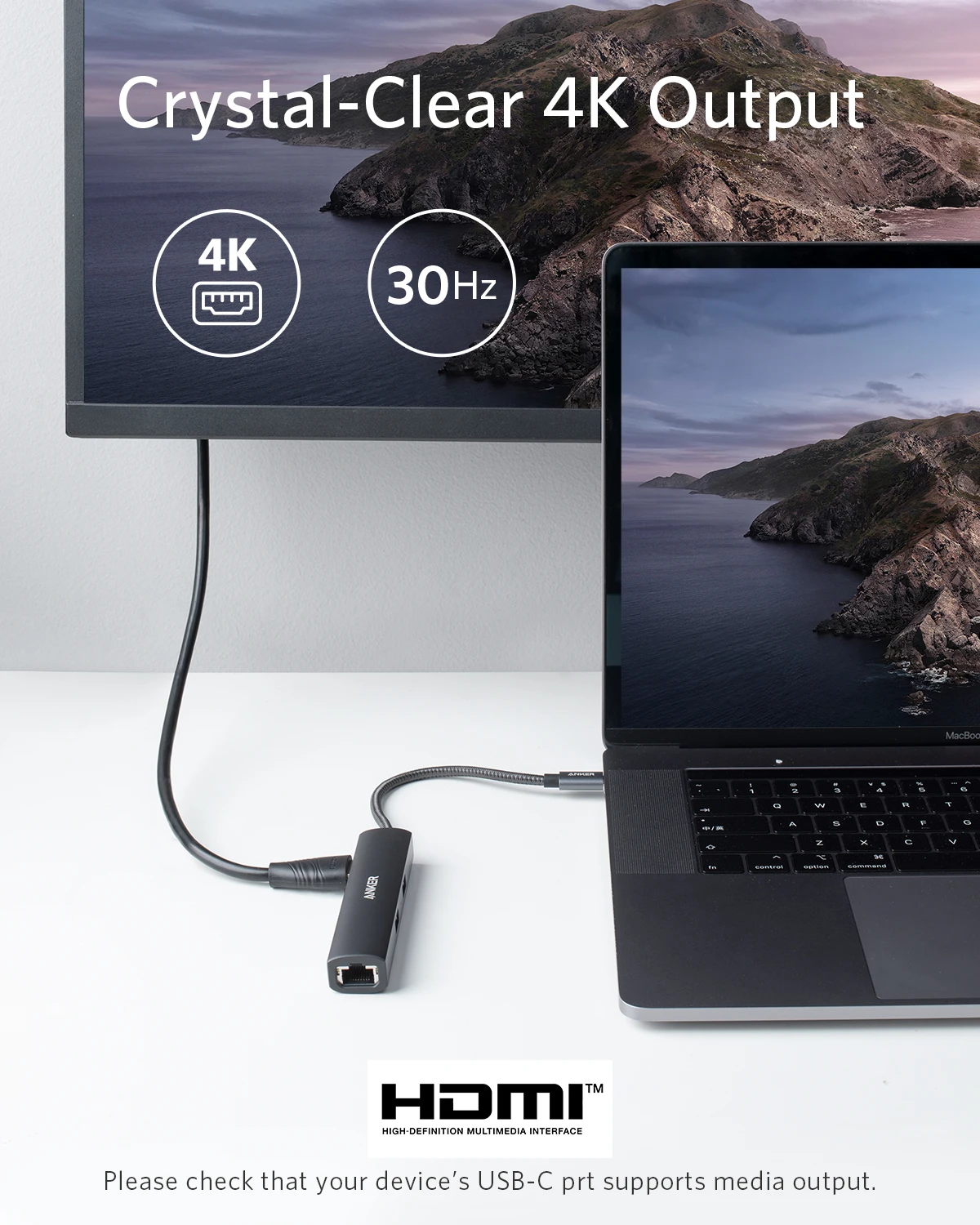 Anker USB 허브 어댑터, 맥북 프로 PC 액세서리용, 이더넷 포트 3 USB 3.0 포트, 4K USB C-HDMI, 5 인 1