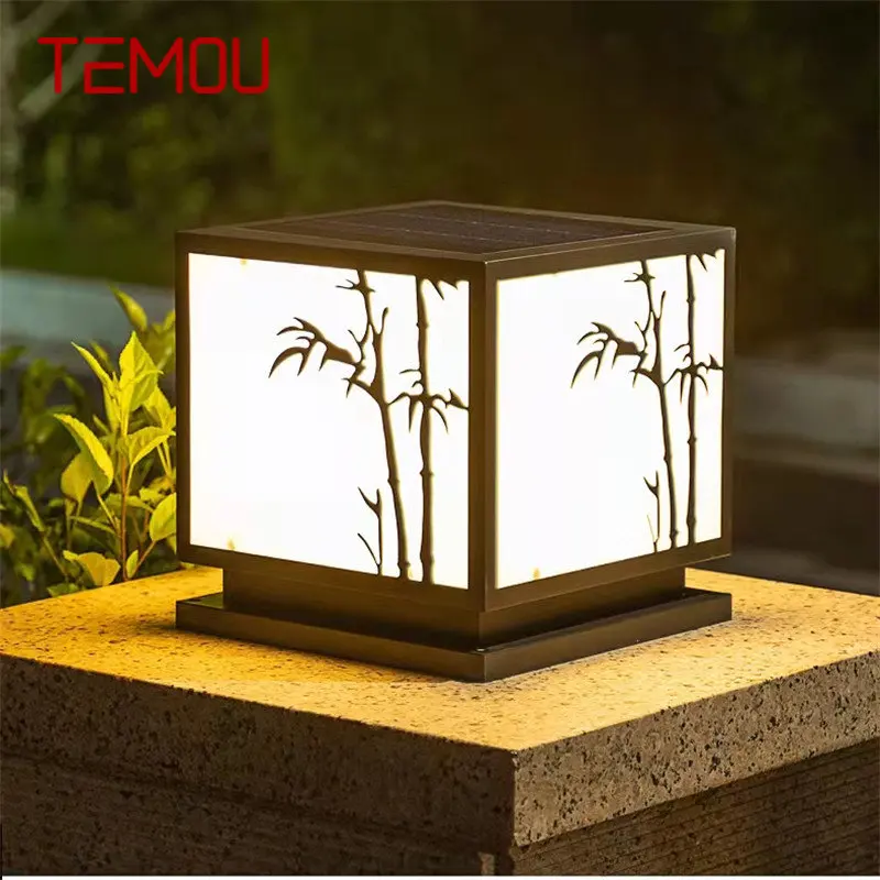 TEMOU Outdoor Solar Vintage Post Lamp Simple Square Pillar Light Waterproof Modern LED for Home Villa Garden Patio Decor