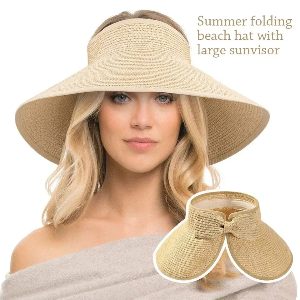 Visiera parasole arrotolabile, traspirante, da donna, con foro per coda di cavallo, cappello pieghevole a tesa larga per jogging, spiaggia e sport all'aria aperta, Beige, Taglia unica