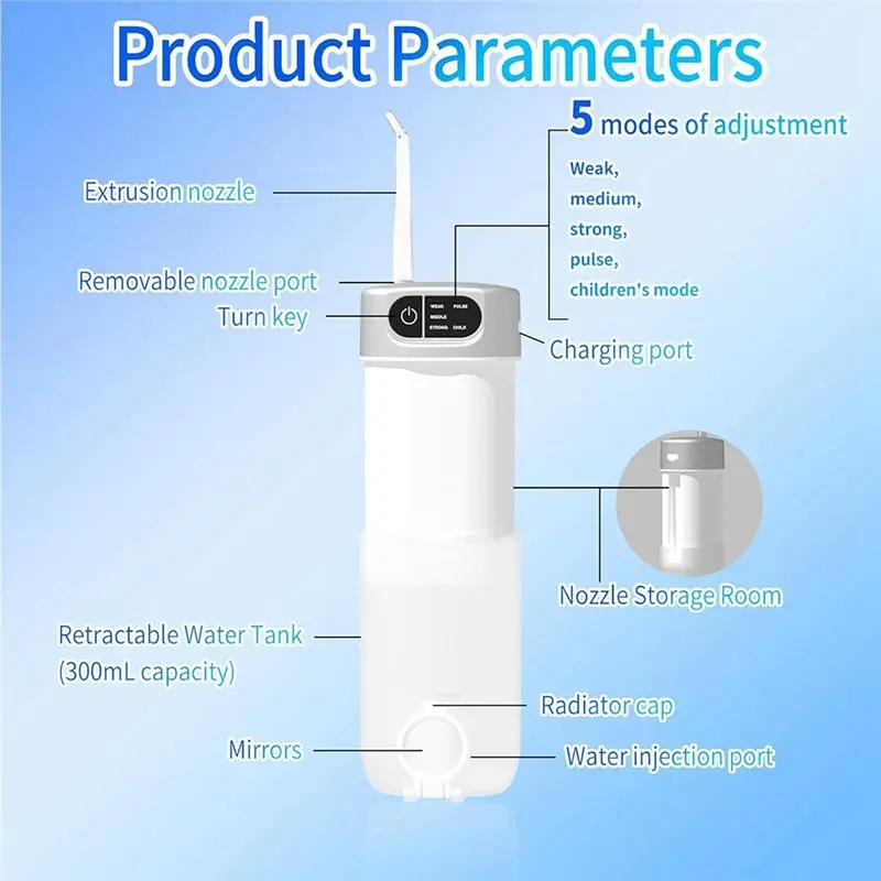 A50Q-IPX7 방수 워터 플로서 5가지 모드 구강 세정기 5개의 노즐 300ml 물탱크, 가정 및 여행용 워터 플로서