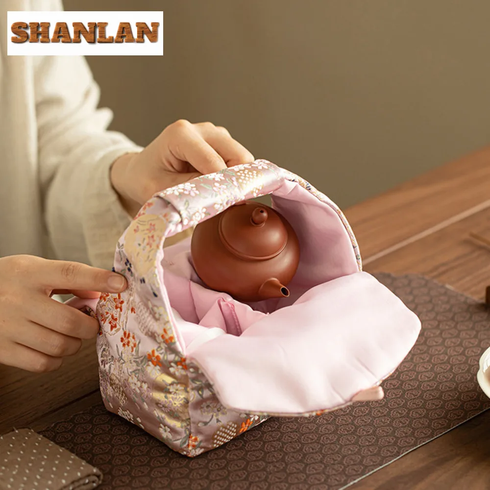 Pomegranate Flower Persimmon Bag Cotton And Linen Tea Storage Bag Luxury Tea Cozy For Teapot Hand Teaware Ceremony Crafts