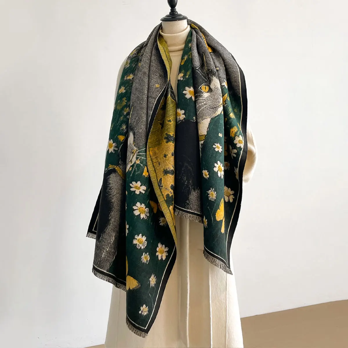 2025 Elegant Cute Cat Painting Cashmere Scarf for Women Warm Winter Pashmina Shawl Foulard Femme Blanket Scarves Wraps