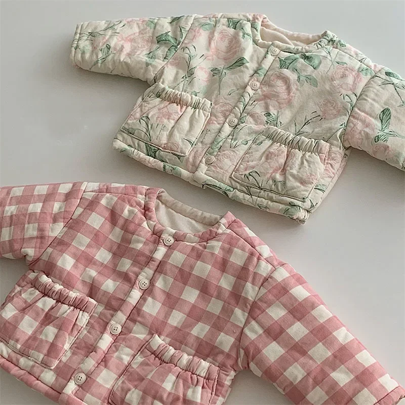 Korean Kids Boutique Clothing Down Jacket Coat Autumn Winter New Floral Printed Fashion Plaid O-neck Cotton Coat Warm Cute down jacket,children jackets