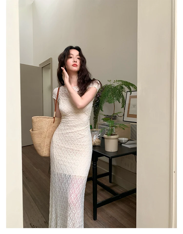 Elegant Mesh Two Piece Dress Set Slim Midi Dresses for Women Frence Retro Lace Y2K Bodycon Birthday Party Dress Prom Vestidos