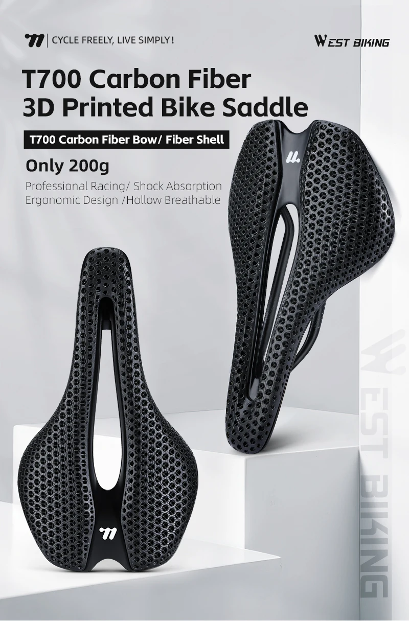 WEST BIKING Full T700 Carbon Fiber Weißer Fahrradsattel 3D-gedruckter Zoned Shock Absorbing Honeycomb Resin Seat Rennradsattel – Detail 1