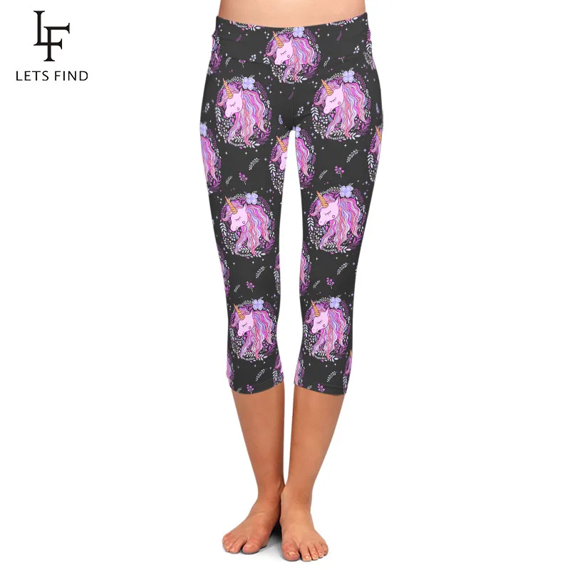 

LETSFIND High Elastic Women Capri Leggings 3D Cute Unicorn Print High Waist Fitness Soft Slim Mid-Calf Leggings