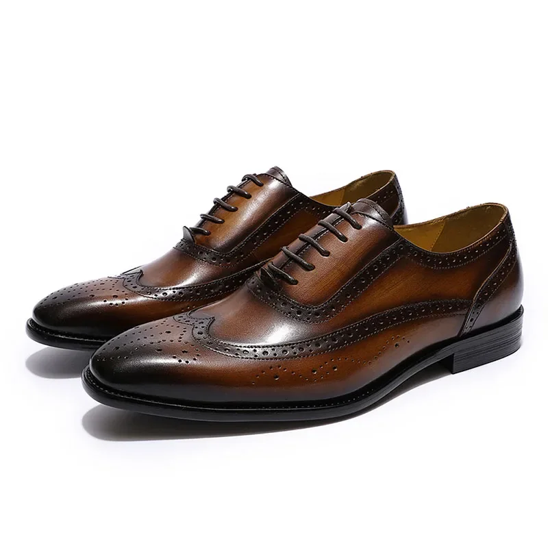 Men's Classic Wing-tip Brogue Style Oxford Dress Shoes Business Genuine Leather Black/Brown Lace-Up Wedding Formal Shoes