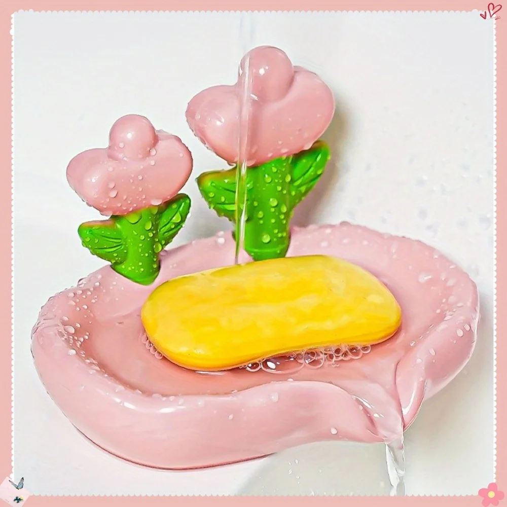 Floral Soap Box Flower Shaped Bathroom Decor Plastic Soap Holder with Drain Holes Portable Soap Dish for Sink Storage​