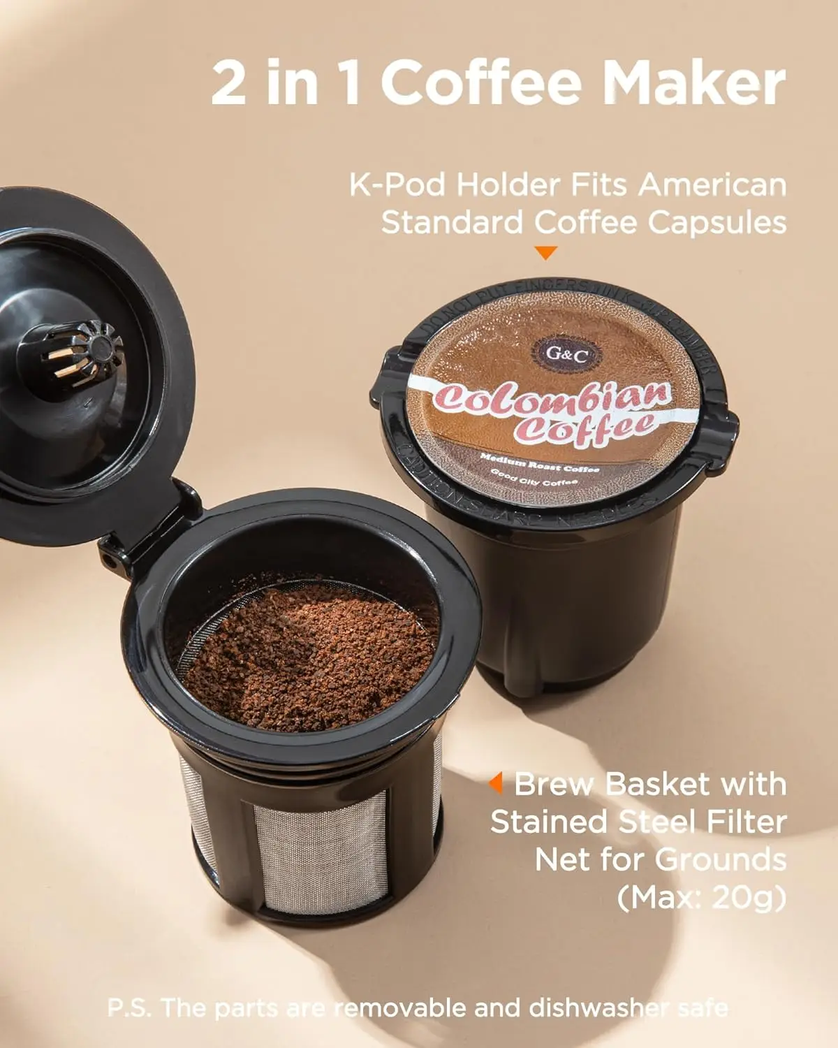 Mini Coffee Maker Single Serve, Instant One Cup for K Cup & Ground Coffee, 6 to 12 Oz Brew Sizes, Capsule Coffee Machine, White