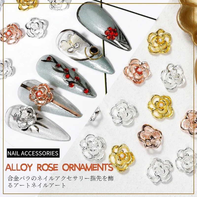

New Nail Art 3D Alloy Rose Flower Jewelry Gold and Silver HollowDIYnail Art Japanese Jewelry Nail Decoration Tools Wholesale Hot