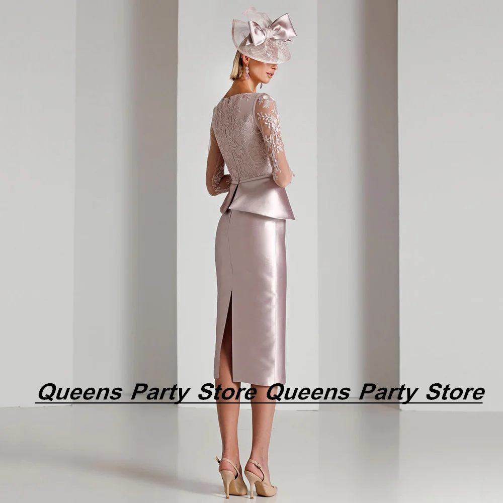 Weilinsha Guest Mother Of The Bride Dress Elegant V Neck 3/4 Sleeves Applique Tea Length Satin Wedding Party Dresses