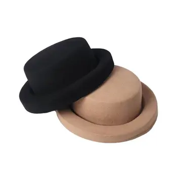 Wool Felt Fedora Hats for Women Flat Top Bucket Hat Winter Hat Black Camel Ladies Top Hat