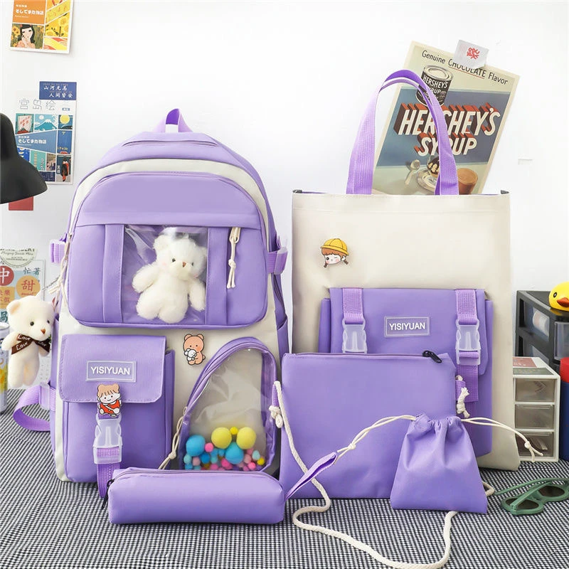 2022 New 5Pcs/Set Preppy Canvas Women School Backpacks for Teenage Girls Book Bags Students Cute Laptop Kawaii Backpack Female