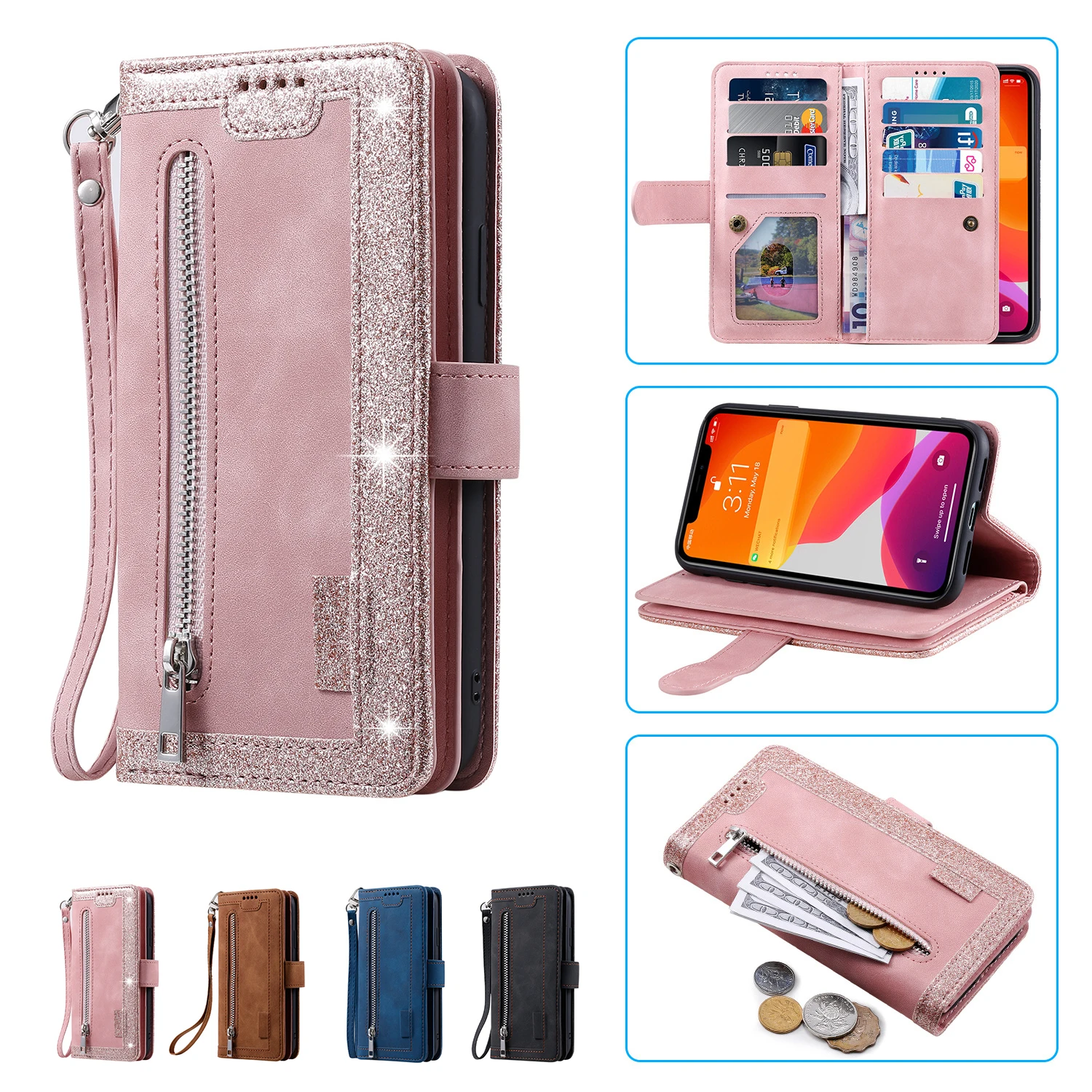 Retro Leather Zipper Wallet Case with Lanyard Wrist Strap and Multi-Card Slots