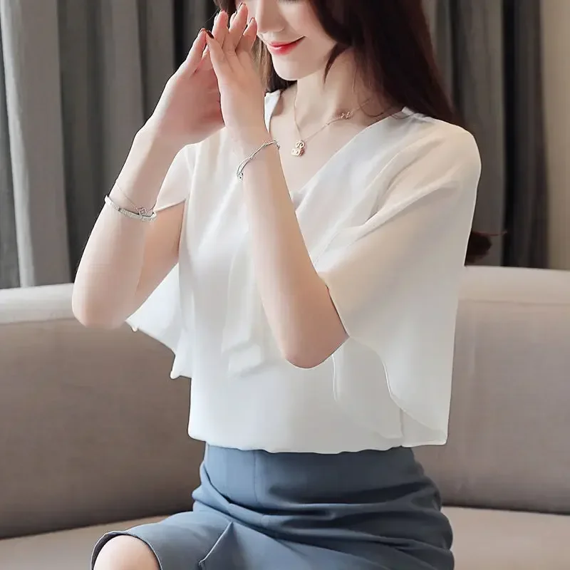 

Повседневная шифоновая рубашка для уменьшения возраста, топ с коротким рукавом, Новинка весна-лето 2023, стильная и облегающая женская рубашка в Корейском стиле