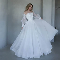 Simple A Line Wedding Dresses for Bride Pleated Floor Length Bridal Gowns with Detachable Sleeves Sexy Ruched Vestidos De Mariee