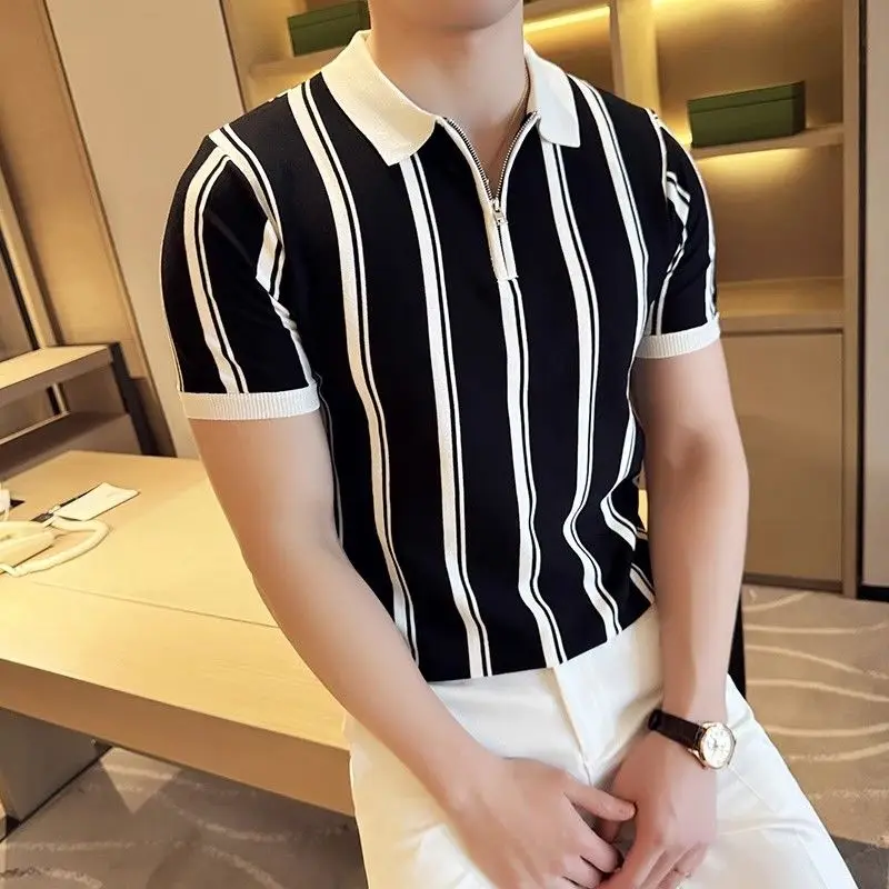 2024 Summer Short Smart Casual Polo Stripe Turn-down Collar Handsome Simplicity Trend Zipper Breathable Men's Clothing Shirts