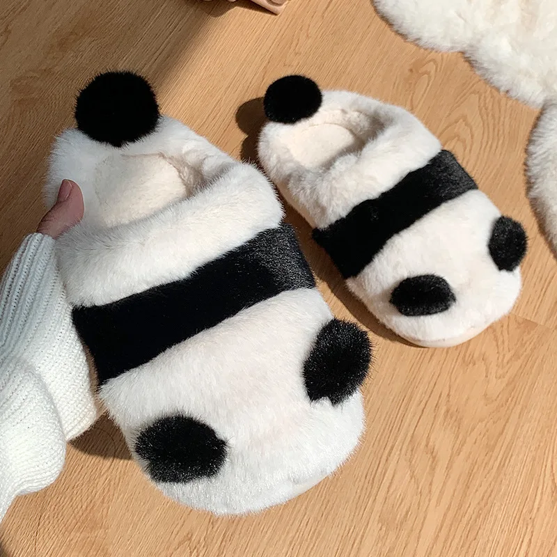 

2023 Black White Cute Panda Slippers Women Fluffy Furry Slippers Platform Thick Sole Shoes Winter Kawaii Memory Foam Home Slides