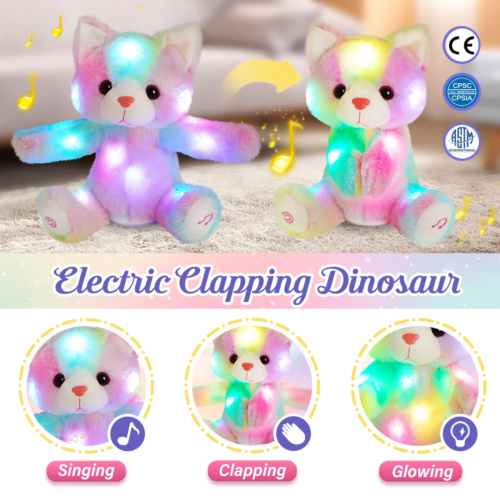 Claping Hand Cat Colorful Gift Stuffed Animals Toy PP Cotton LED Light Plush Toys Electric Birthday Gifts for Girls Children