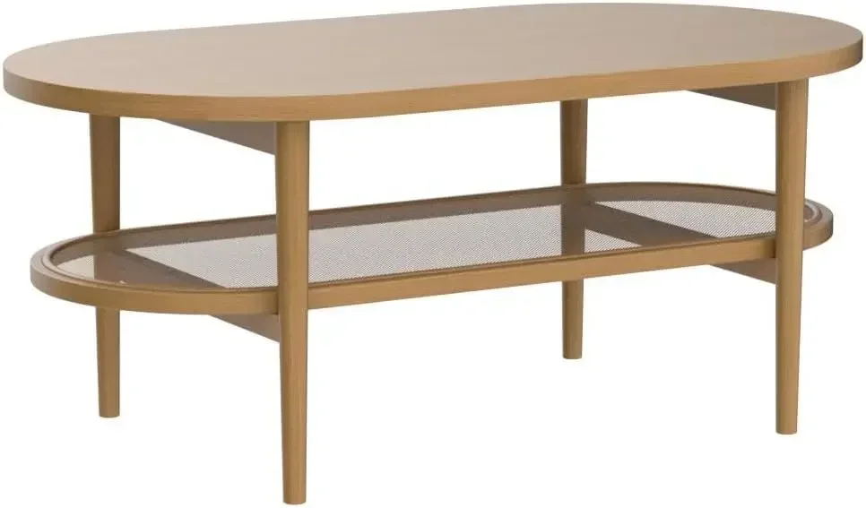 Sonia Coffee Table with Storage Shelf, Light Wood/Rattan 5
