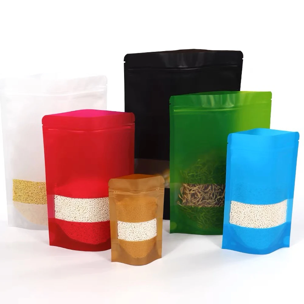 

100Pcs Zip Lock Plastic Stand Up Bag with Matte Clear Window Tear Notch Doypack Food Snack Candy Tea Bean Packaging Pouches