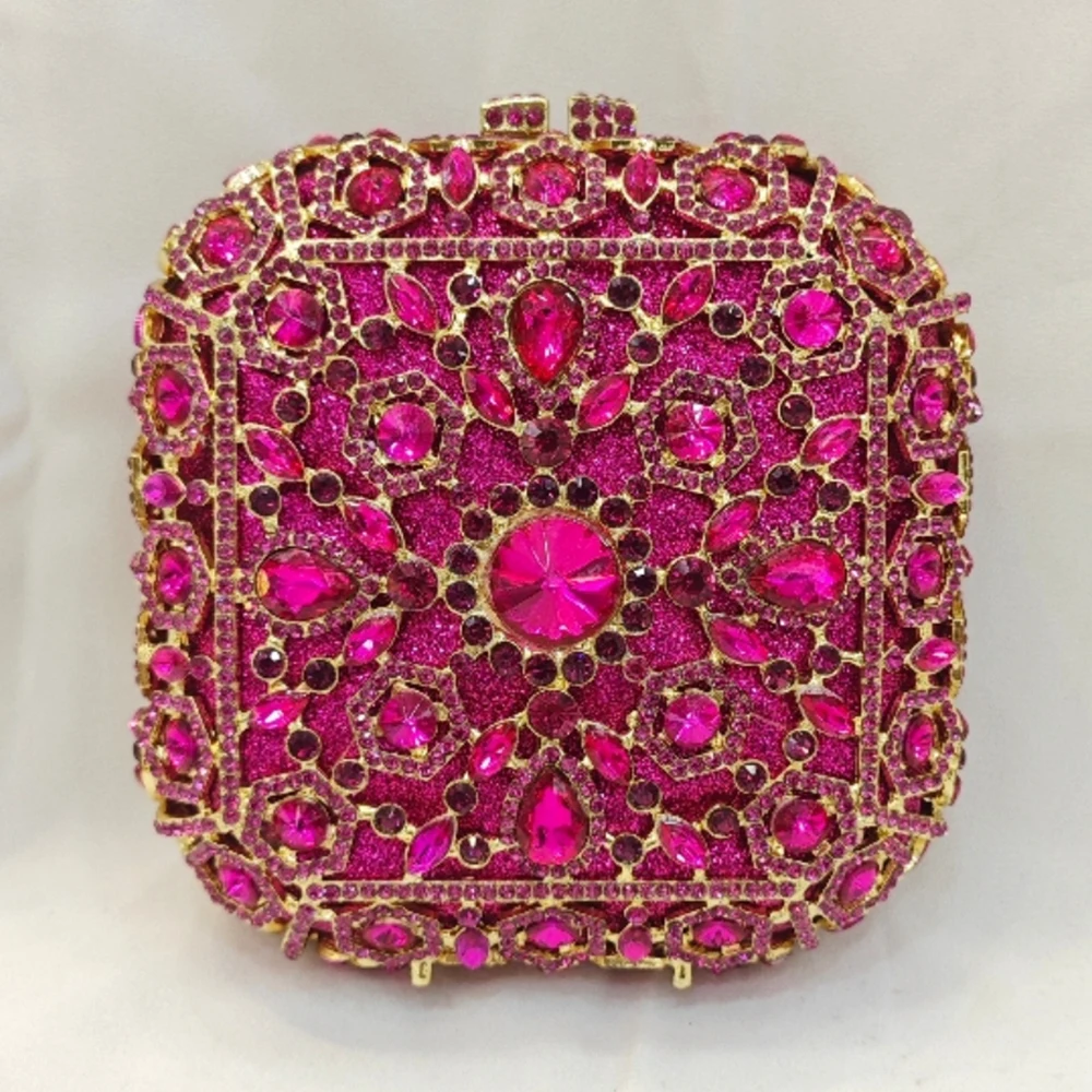 

Fuchsia/Blue Rhinestone Evening Bag Square Hard Metal Women Diamond Wedding Prom Clutches Dinner Banquet Lady Crystal Purses Bag