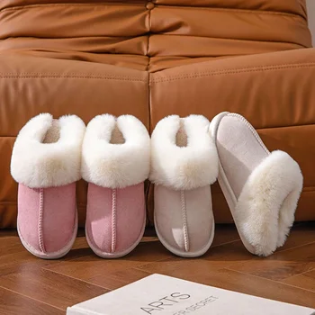 2024 Winter Warm Flat Fur Slippers Women Faux Suede Fluffy Furry Home Slides Woman Comfort Non Slip Indoor Floor Cotton Shoes 1