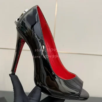 Black Leather Peep Toe Stiletto Sandals Women Sliver Metal Decor Gladiator High Heels Sexy Fashion Slip On Suede Ladies Shoes 1