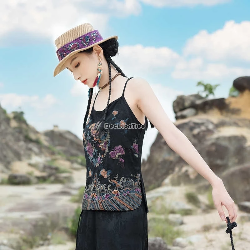 chinese ethnic style women loose style new retro suspenders embroidery flower sleeveless base daily short vest top t001