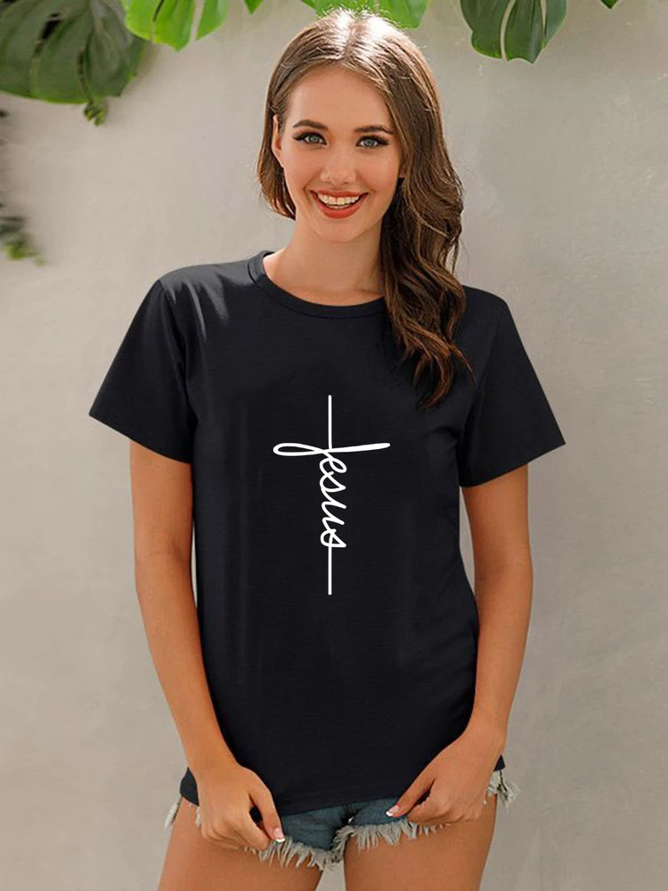 Jesus Cross Print Women T shirt Christian Tops Harajuku Faith Love Hope