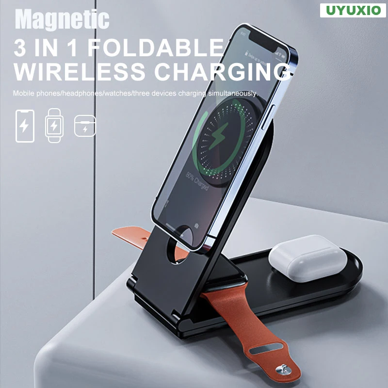 Беспроводное зарядное устройство UYUXIO 3 в 1, складная док-станция для быстрой зарядки iPhone 15 14 13 12 Apple iWatch Airpods, 15 Вт